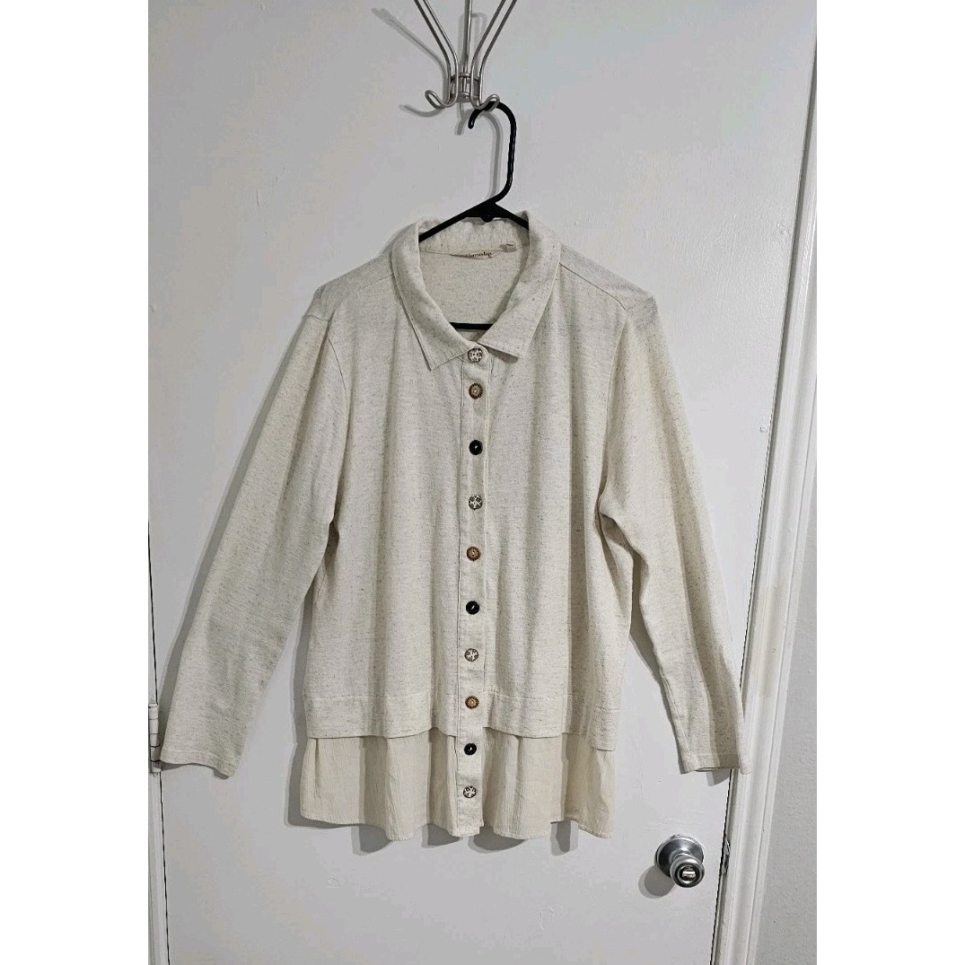 Soft Surroundings Women Mixed Media Sweater Layered Large Ivory Preppy Neutral
